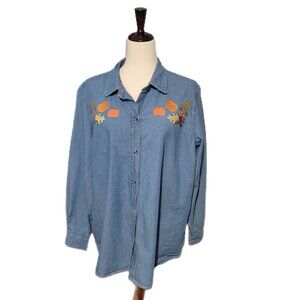 Embroidered Denim Shirt with Pumpkin Acorns Leaves Fall Granny Core